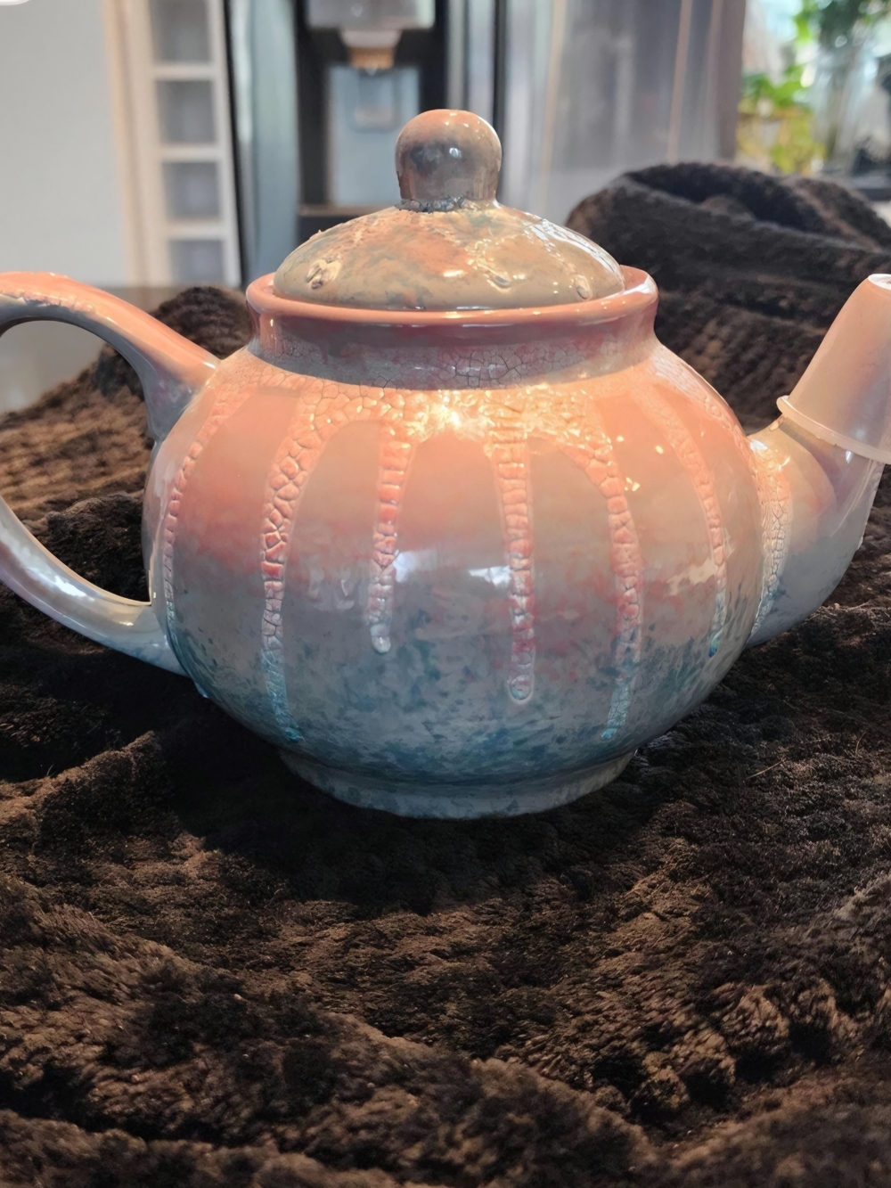 Vintage Jill B 2010 Signed Handmade Iridescent Pottery Teapot Pink Blue Glaze